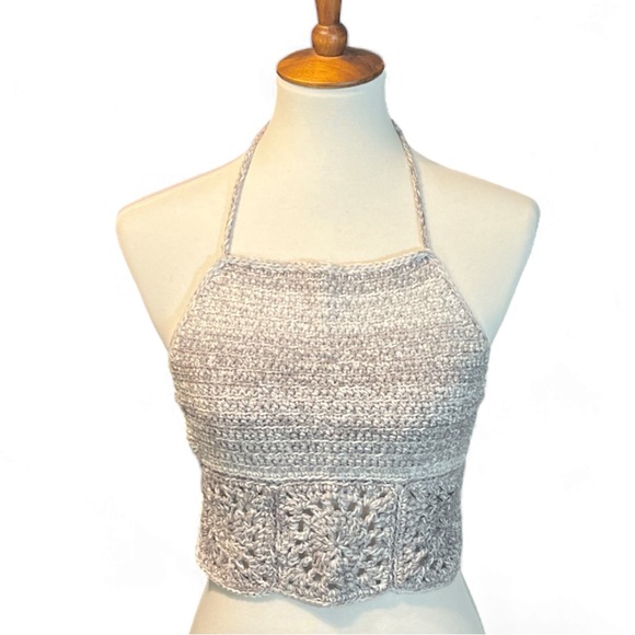 Handmade Grey Halter Top with Flower Design Crocheted Festival Tankini - Picture 4 of 7